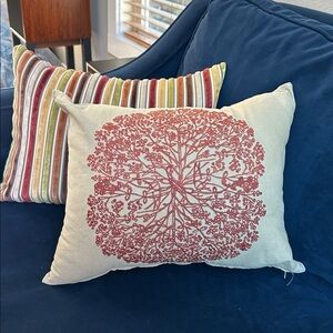 Tree embroidered pillow cover in burnt orange on tan fabric